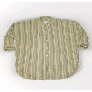 American Eagle Sz L Green Striped Boyfriend Button Shirt Top Boxy Linen Roll Tab